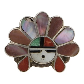 Vintage Zuni Turquoise Coral & Shell inlay Ring