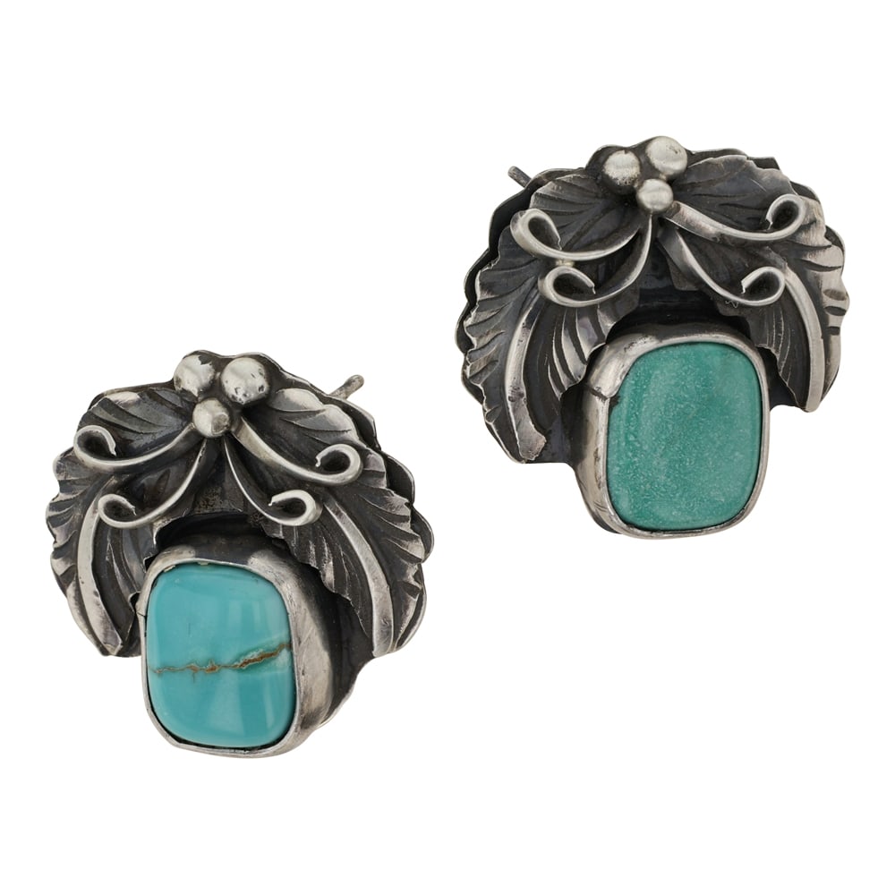Lydia Begay Navajo Fox Turquoise Earrings: Sterling Silver | Genuine Fox Turquoise | Lydia Begay Navajo Fox Turquoise Earrings | Navajo Native American Southwest Indian Jewelry | Good (no breaks or damages) | Approximate Weight: 10 Grams | Ear