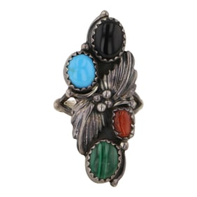 Vintage Navajo Turquoise Coral Malachite & Black Onyx Ring
