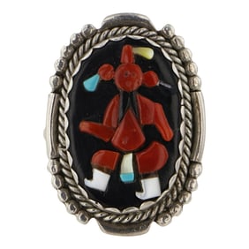 Vintage Zuni Mediterranean Coral Turquoise Acoma Jet & Shell Mudhead Inlay Ring