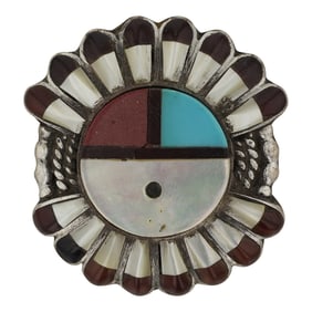 Vintage Zuni Turquoise Coral & Shell Inlay Pin/ Pendant