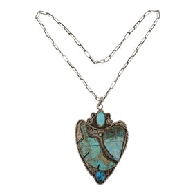 Vintage Navajo Nevada Turquoise Carved Feather Necklace