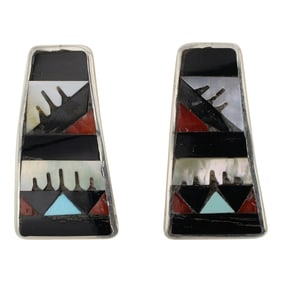 Zuni Turquoise Coral Mother of Pearl & Acoma Jet Inlay Earrings