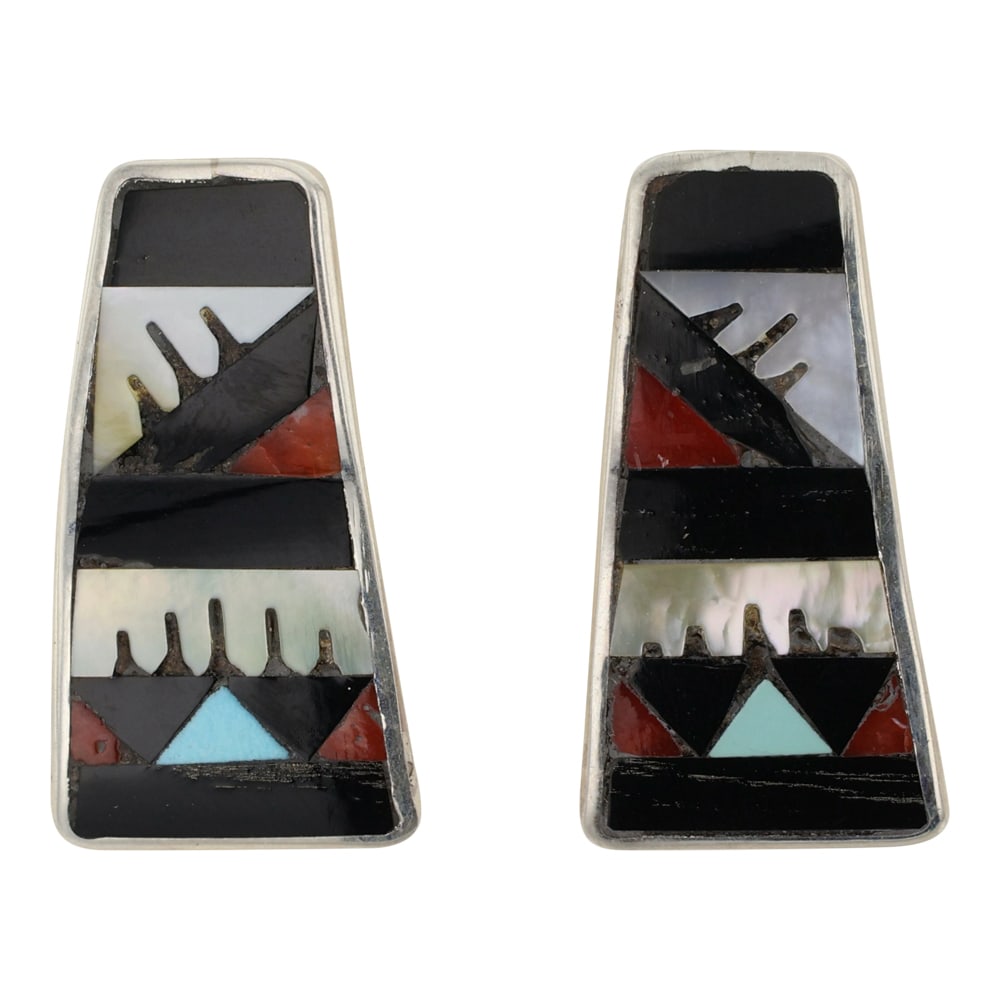 Zuni Turquoise Coral Mother of Pearl & Acoma Jet Inlay Earrings: Sterling Silver | Genuine Turquoise, Coral, Mother of Pearl & Acoma Jet | Zuni Turquoise Coral Mother of Pearl & Acoma Jet Inlay Earrings | Navajo Native American Southwest Indian Jewelry | Good (no b