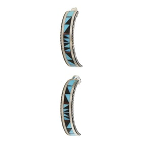 Zuni Turquoise Coral & Acoma Jet Inlay Hoop Earrings