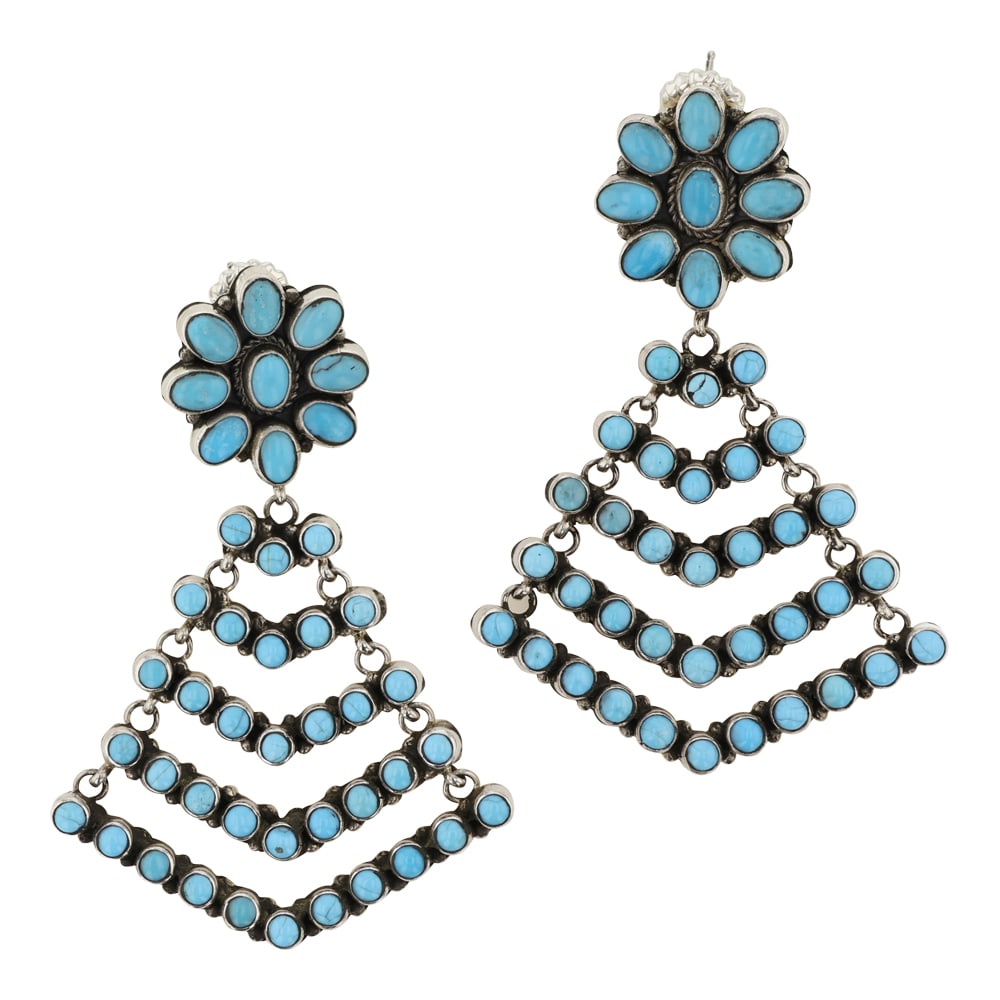 Renell Perry Navajo Kingman Turquoise Chandelier Earrings: Sterling Silver | Genuine Kingman Turquoise | Renell Perry Navajo Kingman Turquoise Chandelier Earrings | Navajo Native American Southwest Indian Jewelry | Good (no breaks or damages) | Approximate We