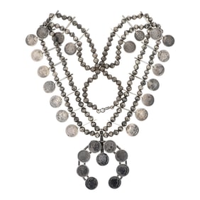 1970s Vintage US Silver Coin Navajo Squash Blossom Necklace Barber / Liberty Head Dimes / flowing