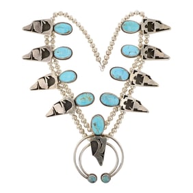 Jacob Troncosa San Felipe Pueblo Artist Kingman Turquoise Squash Blossom Necklace