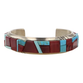 Casandra Dukepoo Award Winning Taos Artist Kingman Turquoise & Rosarita Inlay Cuff Bracelet