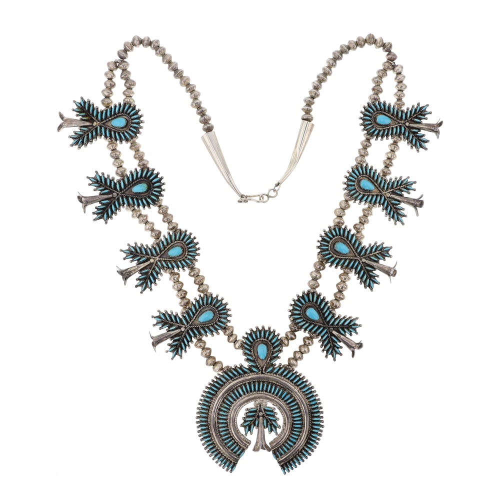 Vintage Zuni Sleeping Beauty Turquoise Needlepoint Squash Blossom Necklace (1 of 4)