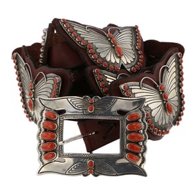 Lee Charley Award Winning Navajo Arist Mediterranean Coral Butterfly Design Concho Belt Museum Piece