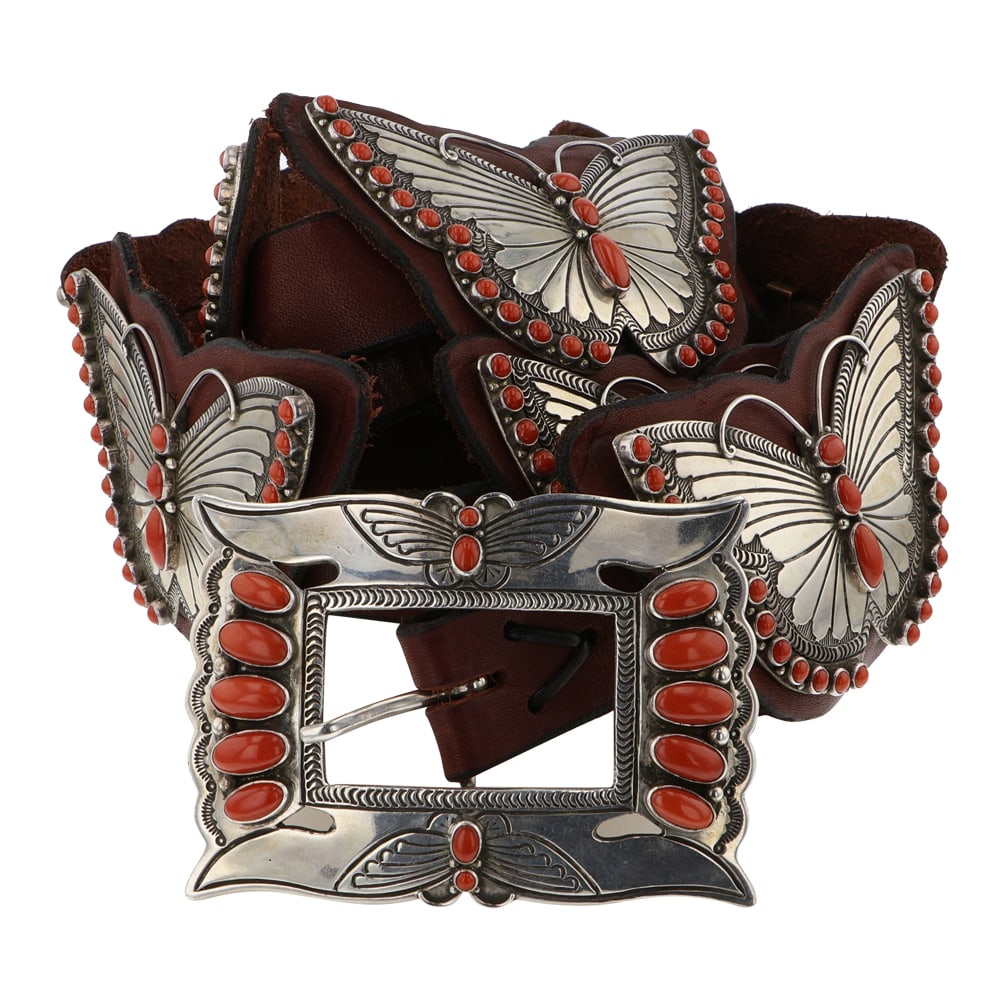 Lee Charley Award Winning Navajo Arist Mediterranean Coral Butterfly Design Concho Belt Museum Piece (1 of 4)