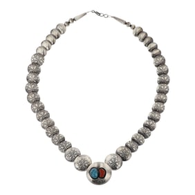 Navajo Turquoise & Coral Stamped Pillow Beads Necklace