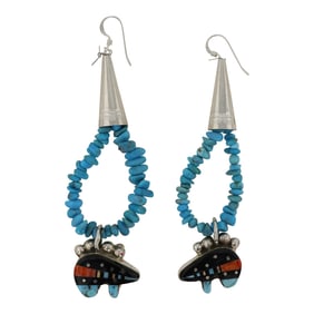 Ray Jack Award Winning Navajo Artist Turquoise Acoma Jet & Spiny Oyster Bear Micro Inlay Earrings