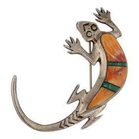 Albert Yazzie Navajo Spiny Oyster & Malachite Inlay Lizard Pin