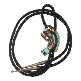 Vintage Zuni Turquoise Coral Mother of Pearl Acoma Jet & Shell Inlay Bolo Tie