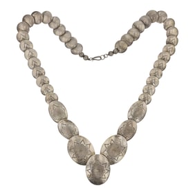 Vintage Navajo Plain Silver Stamp-Work Pillow Bead Necklace