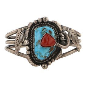 Roy Vandever Navajo (1936-2009) Well Kown Artist Vintage Turquoise & Coral Bracelet