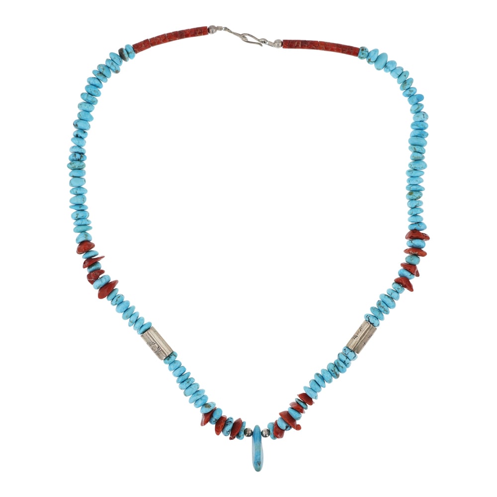 Navajo Turquoise & Coral Stamped Tube Beads Necklace: Sterling Silver | Genuine Turquoise & Coral | Navajo Turquoise & Coral Stamped Tube Beads Necklace | Navajo Native American Southwest Indian Jewelry | Good (no breaks or damages) | Approximate Weight: