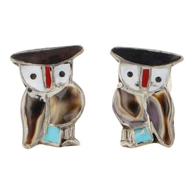 Zuni Turquoise Coral & Shell Inlay Owl Earrings