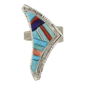 David Tune Award Winning Navajo Turquoise Coral & Lapis Inlay Ring