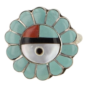 Zuni Turquoise Coral & Shell Inlay Ring