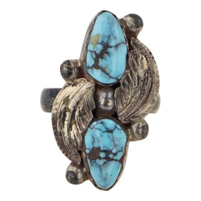 Vintage Navajo Spiderweb Turquoise Two Stone Ring