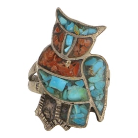 Vintage Navajo Turquoise & Coral Chip Inlay Owl Ring
