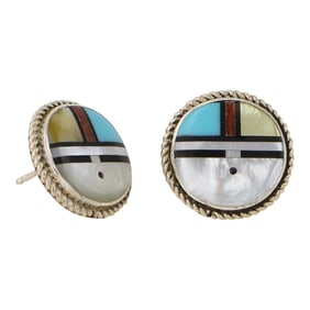 Zuni Turquoise Coral & Mother of Pearl Inlay Earrings