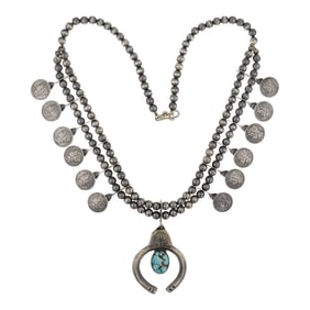 Buffalo Dancer Taos Turquoise & Mercury Dime Squash Blossom Necklace
