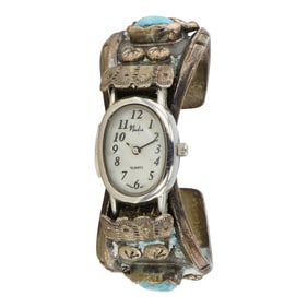 Vintage Navajo Turquoise & Coral Watch Bracelet
