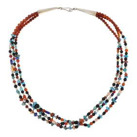 Navajo Turquoise Lapis Spiny Oyster Carnelian Black Onyx & Shell Three Strand Multicolor Necklace