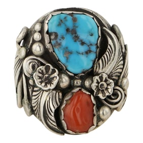 Vintage Navajo Turquoise & Coral Men's Ring