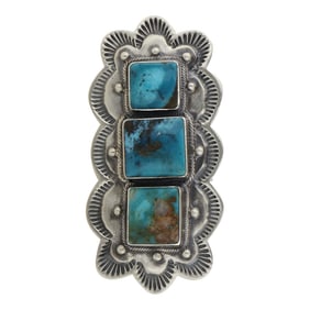 Randy Boyde Navajo Nevada Turquoise Three Stone Stamp-Work Ring