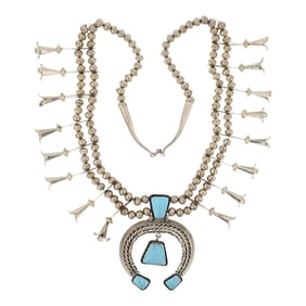 Navajo Kingman Turquoise Squash Blossom Necklace