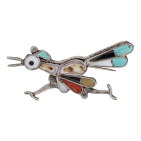 Vintage Zuni Turquoise Coral & Shell Inlay Roadrunner Pin