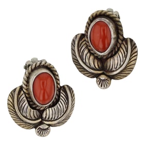 Vintage Navajo Mediterranean Coral Clip On Earrings