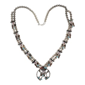 Pitkin Natewa Vintage Zuni Turquoise Coral Acoma Jet & Shell Inlay Owl Squash Blossom Necklace