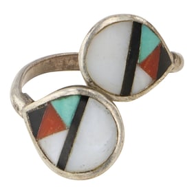 Zuni Turquoise Coral & Shell Inlay Adjustable Ring