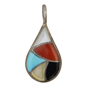 Zuni Turquoise Coral Mother of Pearl & Shell inlay Pendant