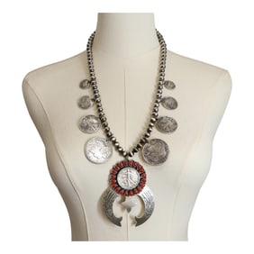 Paul Livingston Navajo Mediterranean Coral & Old US Silver Coins Standing Liberty Half Dollars &