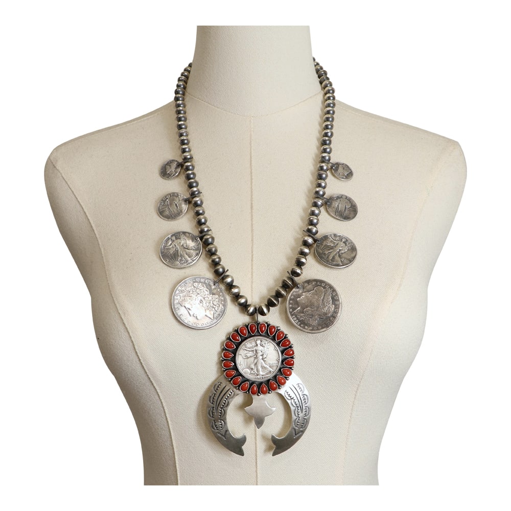Paul Livingston Navajo Mediterranean Coral & Old US Silver Coins Standing Liberty Half Dollars & (1 of 4)