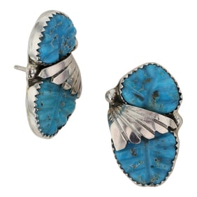 Zuni Kingman Turquoise Carved Leaf Earrings