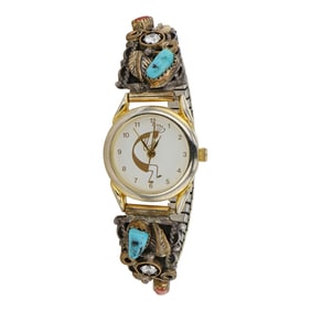 Vintage Harry B Yazzie Navajo Turquoise Coral & CZ Watch Bracelet