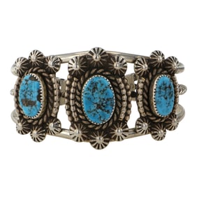 Vintage Navajo Kingman Turquoise Three Stone Cuff Bracelet