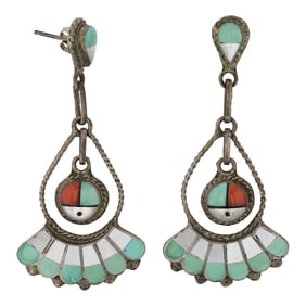 Vintage Zuni Turquoise Coral & Mother of Pearl Inlay Earrings