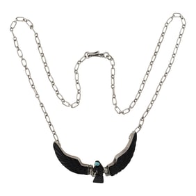 Zuni Turquoise & Acoma Jet Carved Eagle Necklace