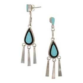 Zuni Kingman Turquoise Carved leaf Earrings