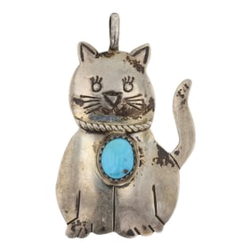 Navajo Kingman Turquoise Cat Pendant