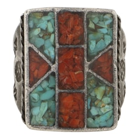 Vintage Navajo Turquoise & Coral Chip Inlay Men's Ring